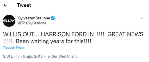 Stallone's tweet announces the departure of Bruce Willis and the entry of Harrison Ford into "indestructible" (Photo: Sylvester Stallone/Twitter)