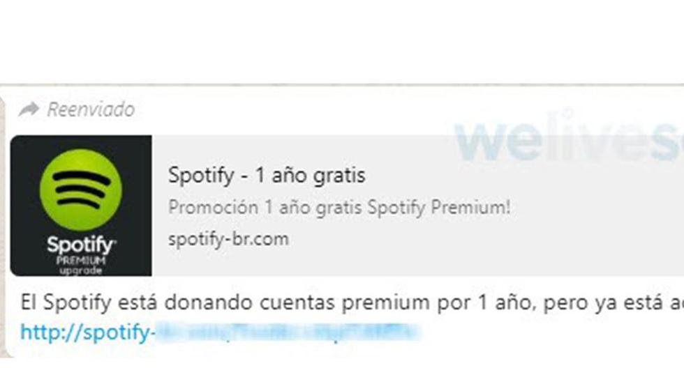 ¿Has recibido un mensaje en el que te ofrecen Spotify Premium? Enlace se difunde por WhatsApp. (Foto: Captura)