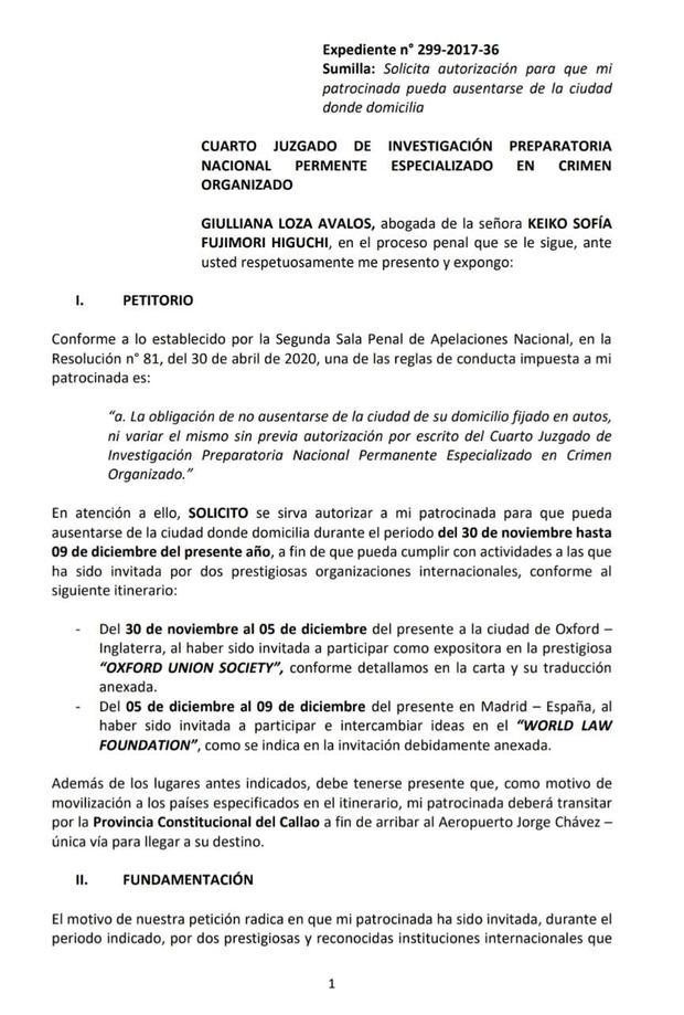 Este es el pedido de Keiko Fujimori para salir del país