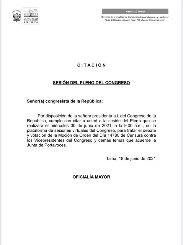 Citación del Congreso de la República para el miércoles 30 de junio. (Foto: Congreso)