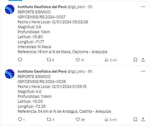 Dos sismos remecieron Arequipa en la madrugada del viernes 12 de enero | IGP