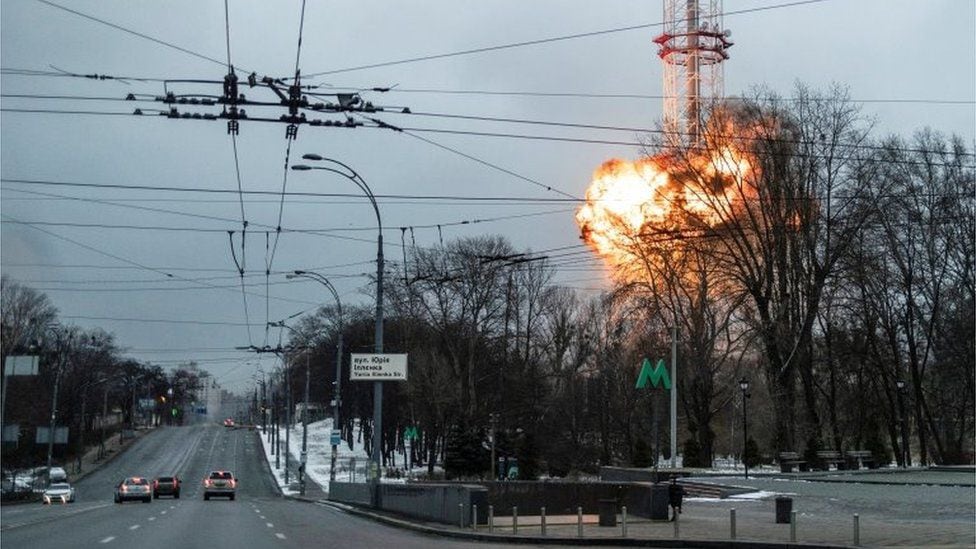 A television tower next to Babi Yar was damaged by the Russian attack, which left 5 dead.  (REUTERS).