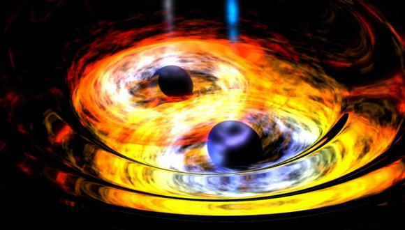 Dos agujeros negros se fusionan provocando una onda gravitacional. (NASA)