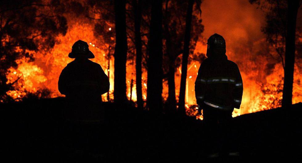 Bomberos del estado de Nueva Gales del Sur observan las llamas que azotan el monte Gospers, cerca del pueblo Colo Heights (Australia). (Foto: EFE)
