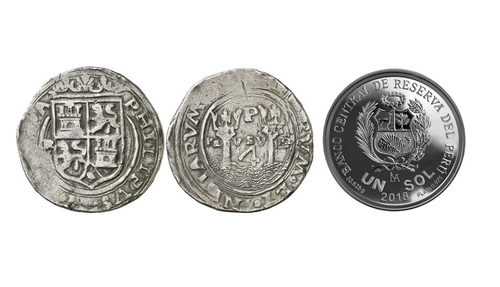 A la izquierda, las monedas de plata acuñadas hace 450 años en la Casa de Moneda de Lima conocidas como "Rincones". A la derecha, el anverso de la moneda conmemorativa que lanzó el BCR.