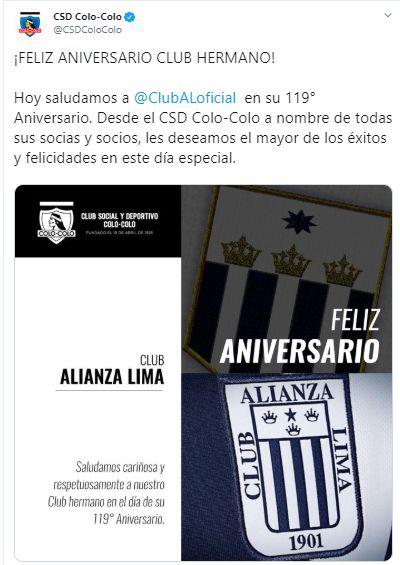 El saludo de Colo Colo a Alianza Lima en redes sociales.