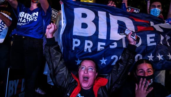Simpatizantes demócratas celebran mientras ven al presidente de EE.UU., Joe Biden, en Miami el 7 de noviembre de 2020. (Foto: CHANDAN KHANNA / AFP)