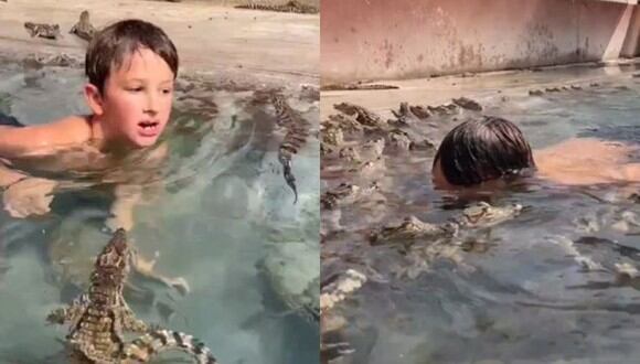 El niño no perdió la sonrisa en ningún momento mientras nadaba al lado de cocodrilos. (Foto: @ViralizandoAndo/Twitter)