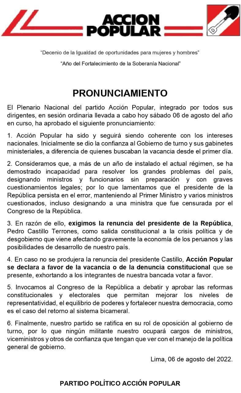 El pronunciamiento de la dirigencia de Julio Chávez en Acción Popular no menciona la situación de 'Los Niños', pese a que el tema se abordó en el plenario del último sábado 6 de agosto. Dos de los congresistas sindicados integran dicha dirigencia.