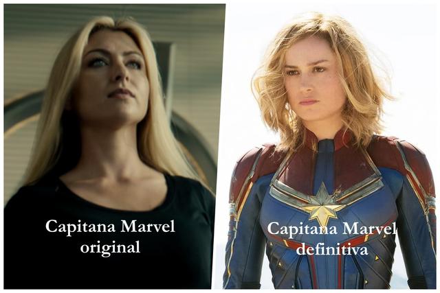 A la izquierda, la Capitana Marvel en “Avengers: era de Ultrón”. Se trata de una doble de acción (nombre desconocido por el momento) que iba a ser reemplazada digitalmente por la actriz oficial, pero el plan fue descartado. En su lugar, se puso a la Bruja Escarlata. Años después, Brie Larson fue anunciada para el rol. (Foto: Difusión)