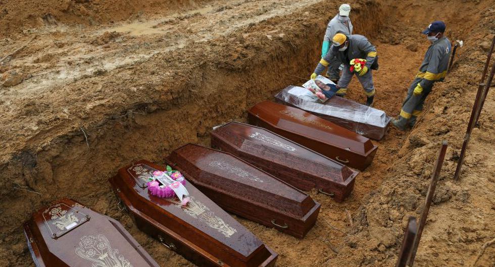 Esta foto del último miércoles muestra a trabajadores del cementerio Nossa Senhora en Manaos, estado amazónico, Brasil, preparando los ataúdes para ser enterrados en una fosa común. (Foto: Michael Dantas / AFP)