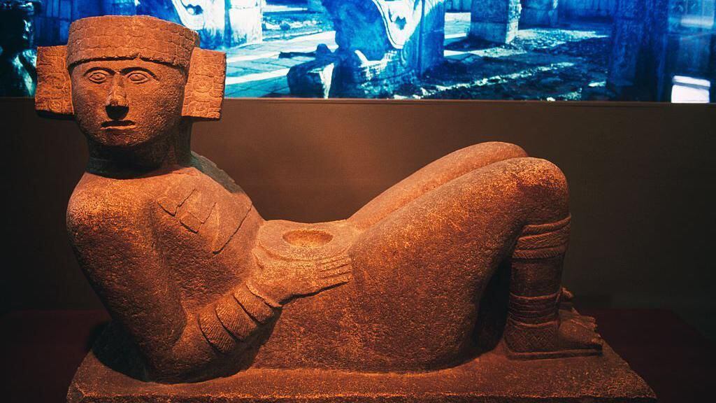 The chac mool found in Chechen Itzá is the best known of this type of sculpture.  (GET IMAGES).