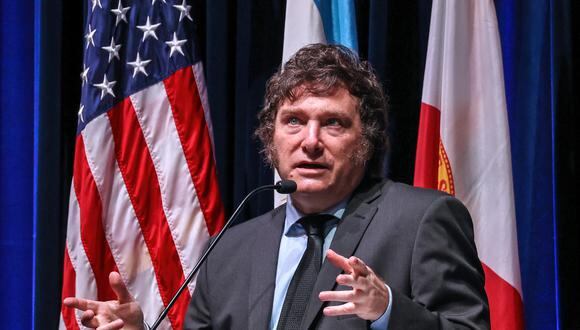Argentine President Javier Milei gives a lecture to political science and international relations students at Florida International University Biscayne Bay Campus, in North Miami on April 11, 2024. (Photo by Zak BENNETT / AFP)