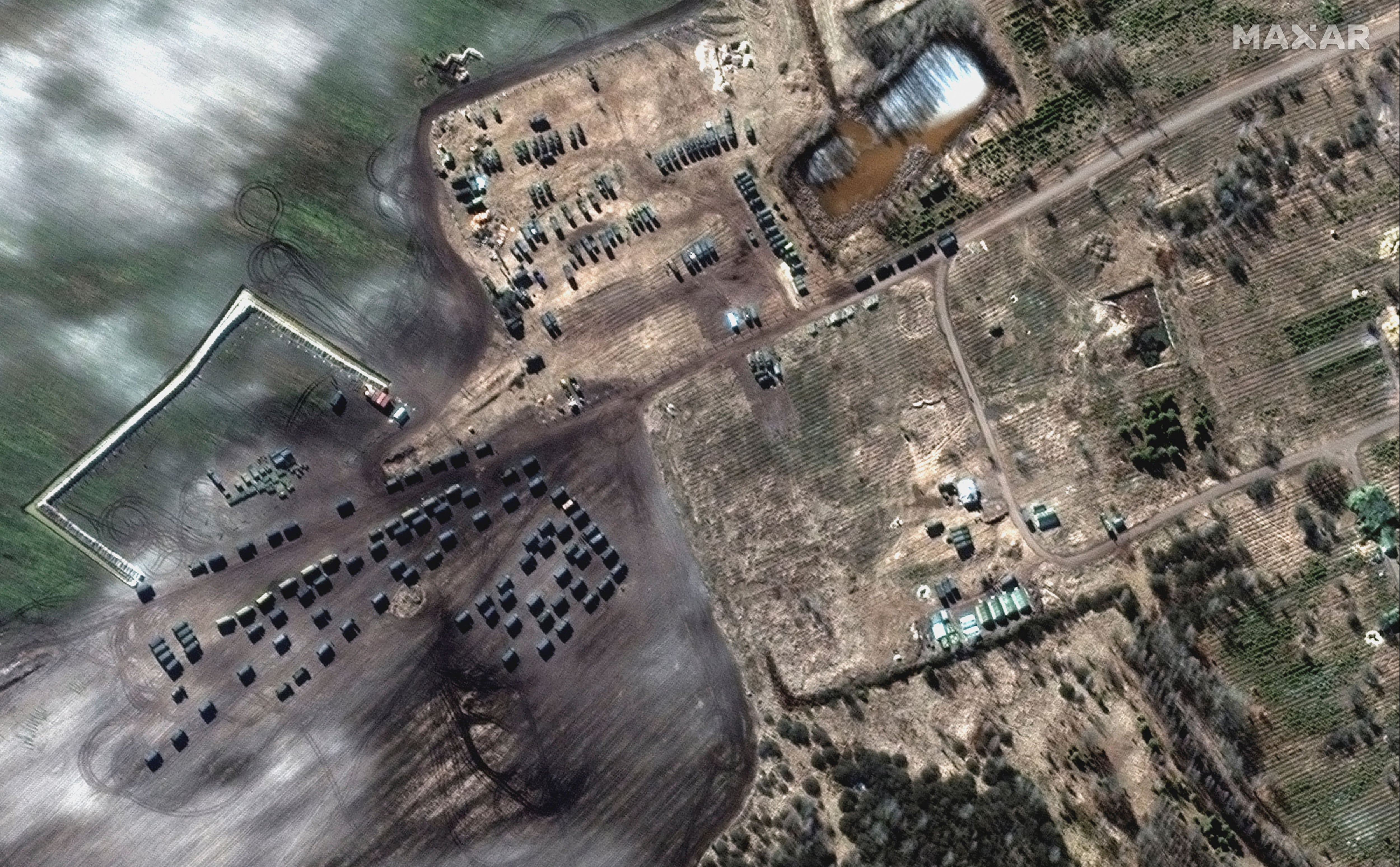 This satellite image shows ground forces in Khilchikha, Belarus, days after the Russian invasion of Ukraine.  Maxar Technologies/Handout via REUTERS
