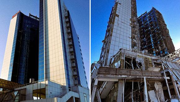 Esta combinación de fotos muestra el hotel "Odessa" antes y después de un ataque ruso "masivo" en la región de Odessa, en el sur de Ucrania. (Foto de Handout / SERVICIO DE EMERGENCIA DE UCRANIANO / AFP).