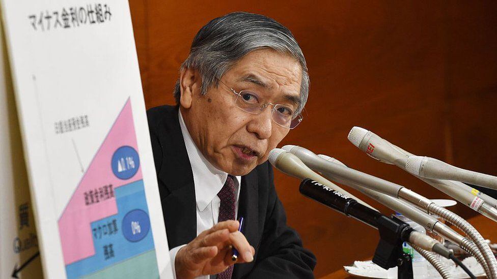 The governor of the Central Bank of Japan exposes some data in a conference.  (GETTY IMAGES).