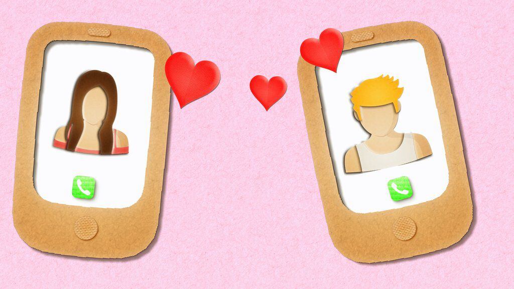 Phones with man and woman and hearts