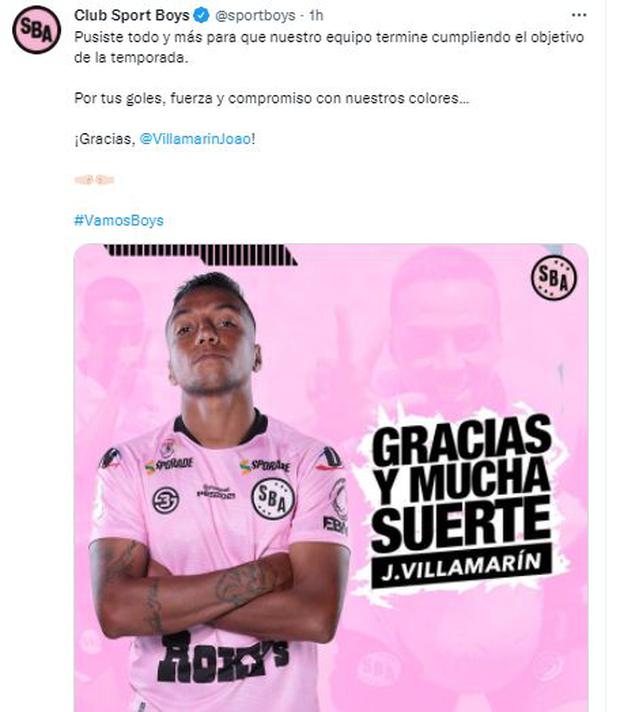 Sport Boys anunció así la salida de Joao Villamarín.