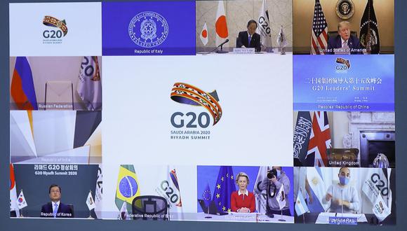 Los líderes del G20 prometieron el domingo "no escatimar esfuerzos" para asegurar un acceso equitativo a las vacunas contra el coronavirus covid-19. (YVES HERMAN / POOL / AFP).