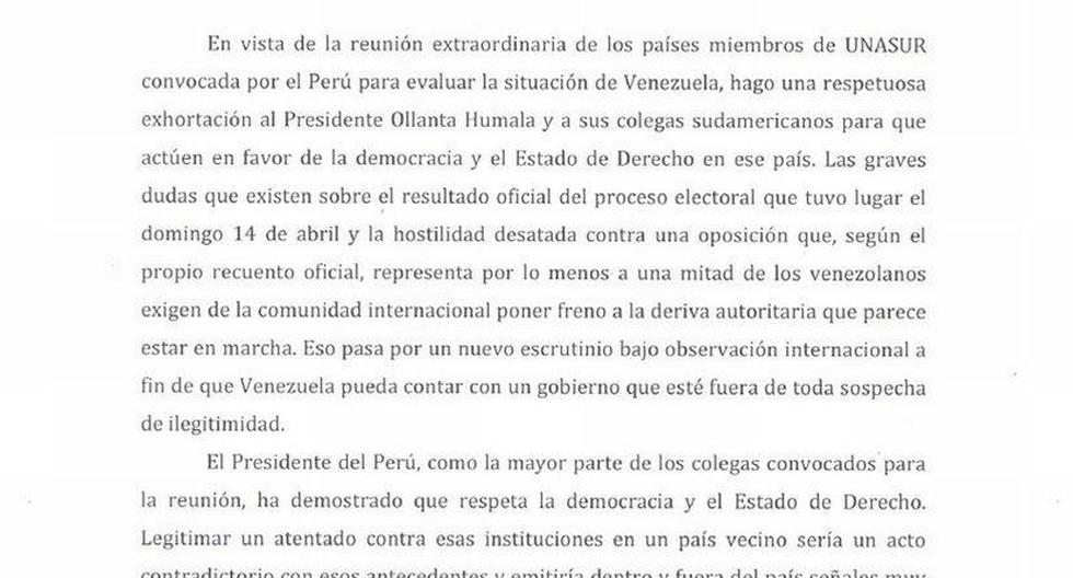 Un extracto de la carta de Vargas Llosa sobre la situaci&oacute;n en Venezuela.