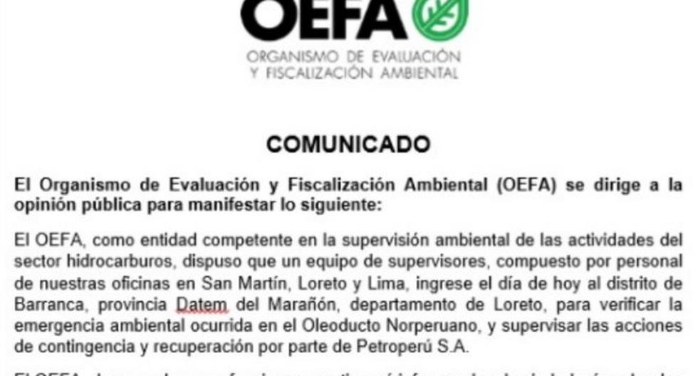OEFA dispuso que un equipo de supervisores ingrese al distrito de Barranca, Loreto, para verificar emergencia ambiental. (Foto: fotocaptura)