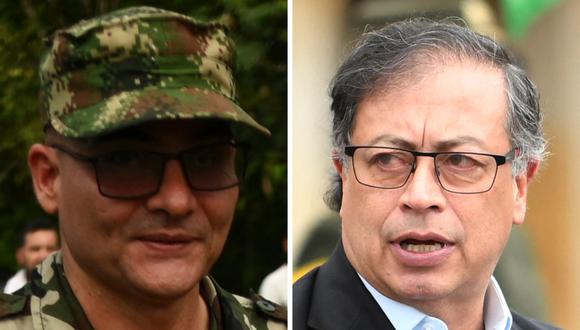 El jefe del Estado Mayor Central (EMC), principal disidencia de las FARC, alias 'Iván Mordisco'; y el presidente de Colombia, Gustavo Petro. (Fotos de Joaquin Sarmiento / Daniel Munoz / AFP)