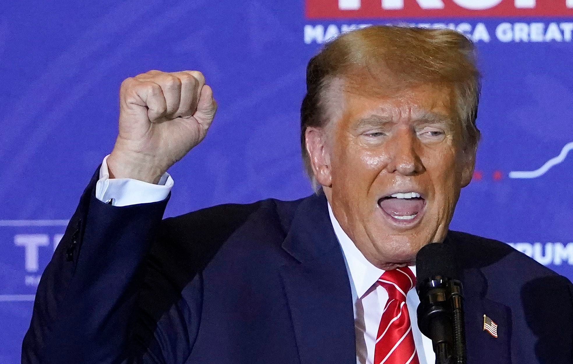 Republican presidential candidate Donald Trump raises his fist while speaking at a campaign event in Concord, New Hampshire, January 19, 2024. (Photo by TIMOTHY A. CLARY/AFP).