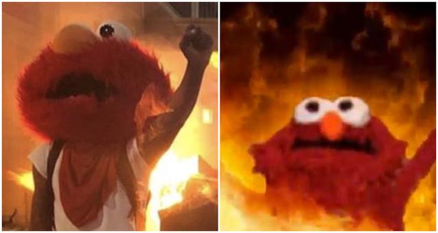 El meme de “Elmo en llamas” cobra vida durante una protesta en Filadelfia. (Foto: Twitter)