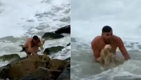 Pablo rescatando a perro en el mar. (Imagen captura: 0223 / YouTube)
