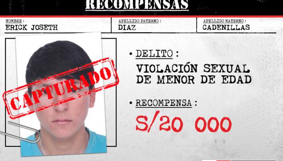 La primera captura se produjo anoche. Las autoridades intervinieron a Erick Joseth Díaz Cadenillas, de 22 años, quien tenía una orden de captura emitida por el Juzgado Penal de Cajamarca. La policía ofrecía S/20 mil por información sobre su paradero (Foto: Mininter)