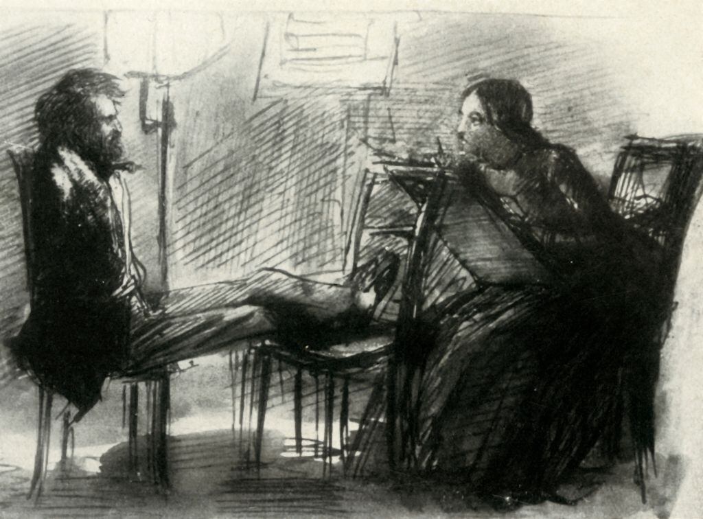 Elizabeth Siddal was an artist in her own right.  In this sketch she is painting her husband Dante Gabriel Rossetti.  (GETTY IMAGES).