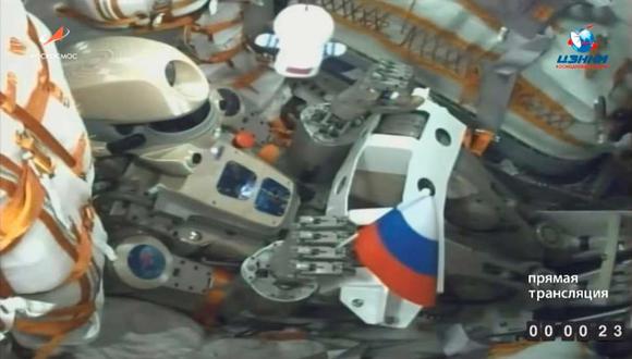 El robot antropomorfo ruso Fedor (Skybot F-850) dentro del Soyuz MS-14 mientras despega. Se tenía previsto que la nave atracara con la ISS este 24 de agosto. (Foto: EFE)