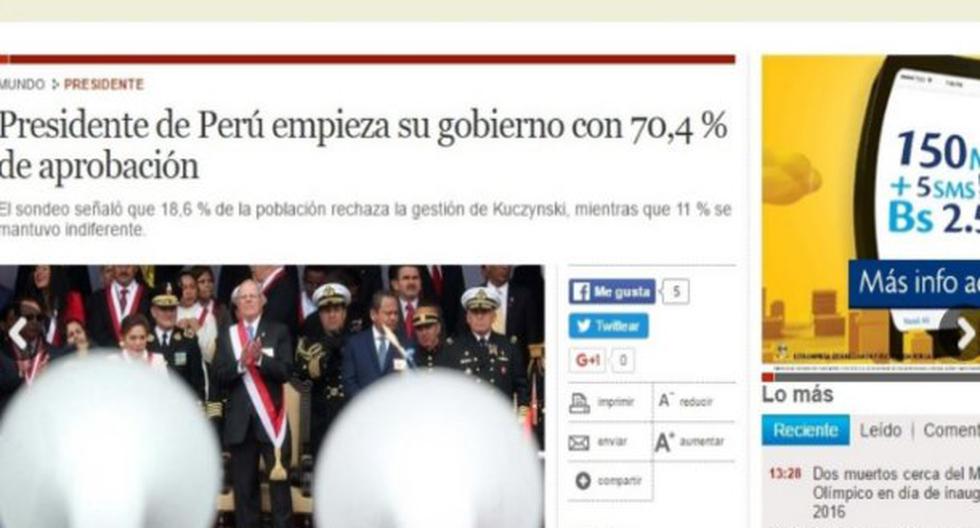 Medios internacionales destacaron la alta aprobación conseguida por el presidente, Pedro Pablo Kuczynski, tras más de una semana de asumir el Poder Ejecutivo. (Fotocaptura: Internet)
