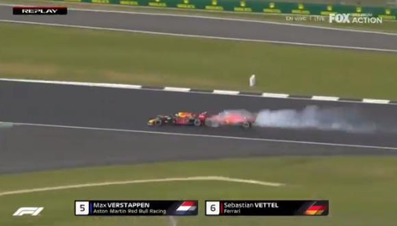 El impacto de Sebastian Vettel a la monoplaza de Max Verstappen. (Captura de Fox Action)