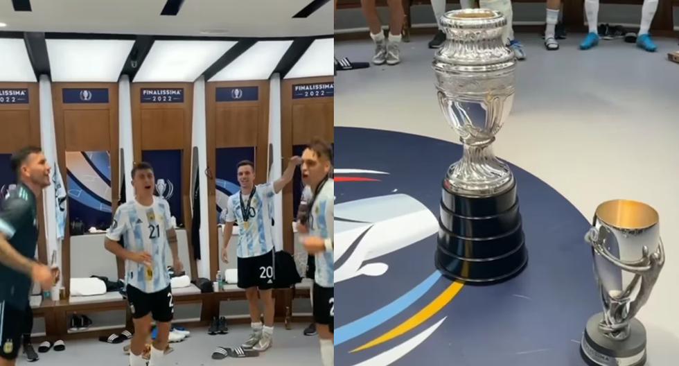The Argentine national team celebrated in the Wembley locker room after beating Italy