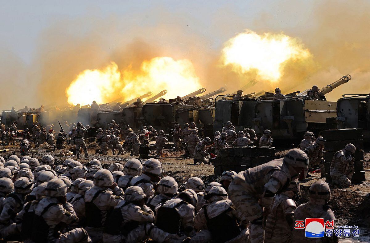 A joint forces artillery training exercise at an undisclosed location in North Korea, March 7, 2024. (Photo by KCNA VIA KNS/AFP)