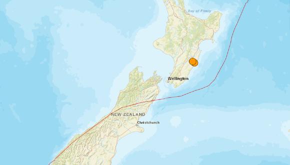 Dos terremotos de magnitud 5,4 y 5,2 se registraron en Dannervirke, Isla Norte de Nueva Zelanda, el 25 de abril de 2023. (Captura de USGS)
