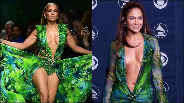 Jennifer Lopez presentó la colección Versace de Primavera- Verano 2020. (izq) La cantante durante la ceremonia de los premios Grammy 2000. (der) (Foto: AFP)