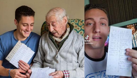 En febrero de este año, el abuelo de 100 años que anotaba a mano los goles de Lionel Messi falleció, pero su nieto continuó con la tradición. (Foto: Instagram y TikTok/julireview).