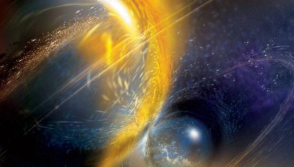 Representación artística de la fusión de dos estrellas de neutrones. (Imagen: LIGO)