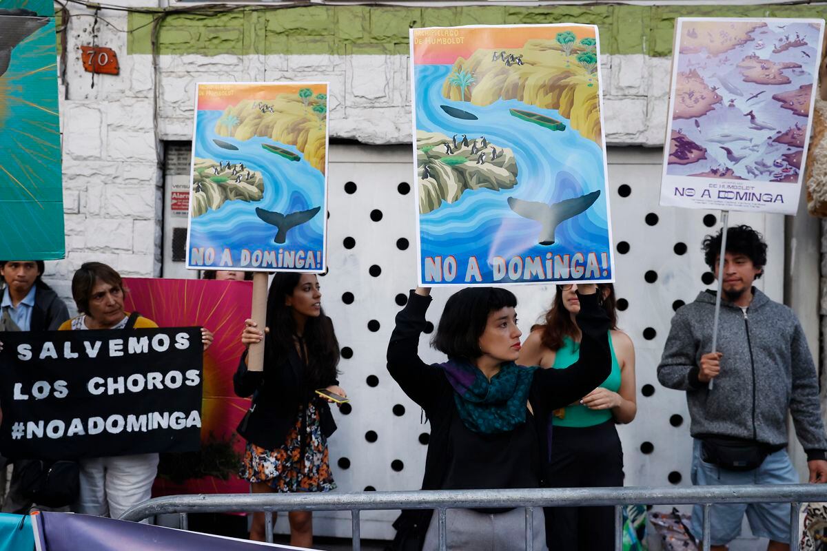 People demonstrate for and against the controversial Dominga mega-project for the extraction of iron and copper concentrate, outside the Ministry of the Environment, in Santiago, Chile, on January 18, 2023.  (Photo by Elvis González / EFE)