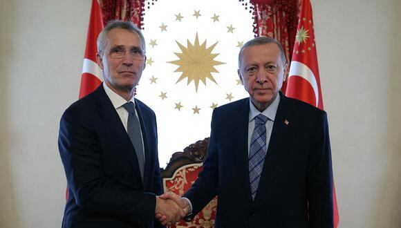 El presidente turco, Recep Tayyip Erdogan (D), se da la mano con el secretario general de la OTAN, Jens Stoltenberg, en la oficina de Dolmabahce en Estambul, Turquía, el 4 de junio de 2023. (Foto de Handout / Presidencia de Turquía / AFP)