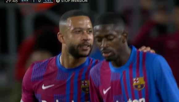 Depay anota el 1-0 del Barcelona-Celta tras jugadón de Dembélé. (Foto: captura)