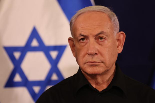 Israeli Prime Minister Benjamin Netanyahu speaks during a press conference at the Kirya military base in Tel Aviv on October 28, 2023.  (Photo by Abir Sultan / AFP).