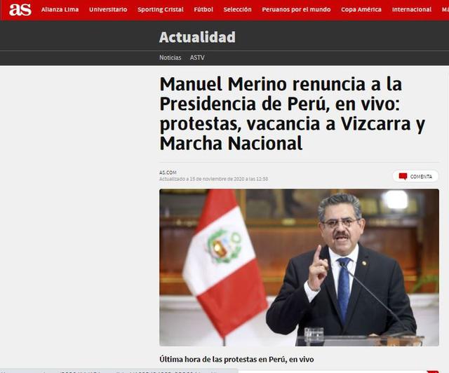Diario AS informó de esta manera la renuncia de Manuel Merino