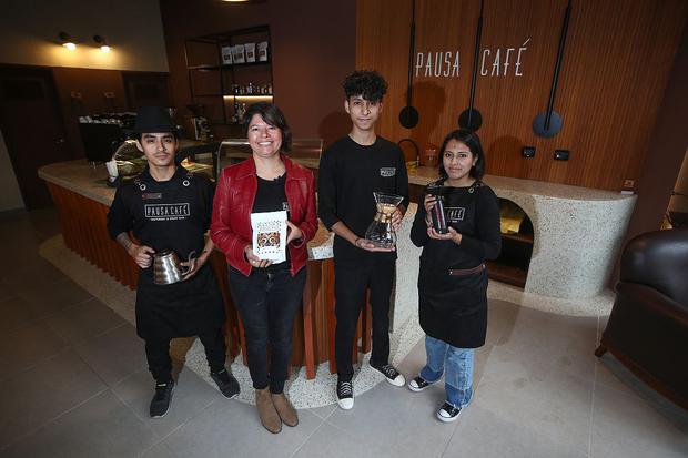 Patricia Cohaguila with her young team from the new Pausa Café in Miraflores that will officially open in 10 days. 