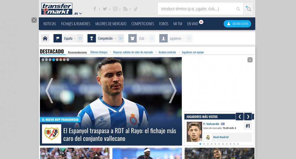 Transfermarkt la página web que cuenta con los últimos datos y valores en el mercado de fichajes de los futbolistas del mundo. (Foto: Captura de pantalla)