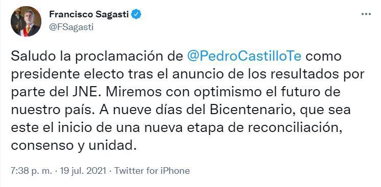 Francisco Sagasti felicitó por redes sociales a Pedro Castillo poco después de la proclamación del JNE.