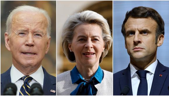 De izquierda a derecha, el presidente estadounidense Joe Biden, la presidenta de la Comisión Europea Ursula von der Leyen y el presidente francés Emmanuel Macron. (Fotos: AFP / Composición: El Comercio)