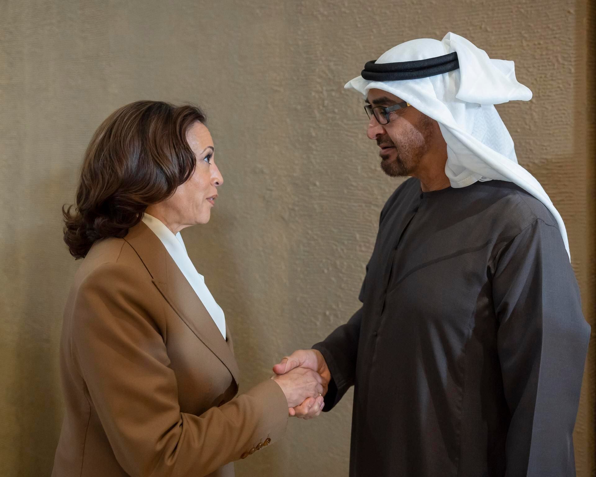 The President of the United Arab Emirates and Ruler of Abu Dhabi, Sheikh Mohamed bin Zayed Al Nahyan, shakes hands with the Vice President of the United States, Kamala Harris.  (EFE).